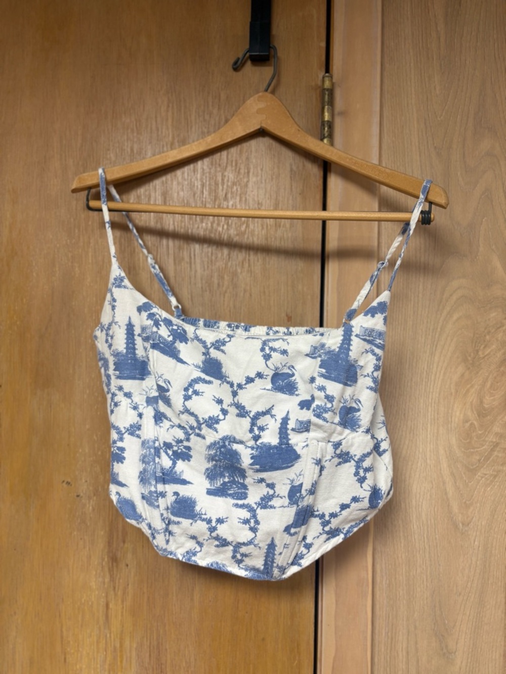 Blue & White Scenic Print Cropped  Corset Cami Top